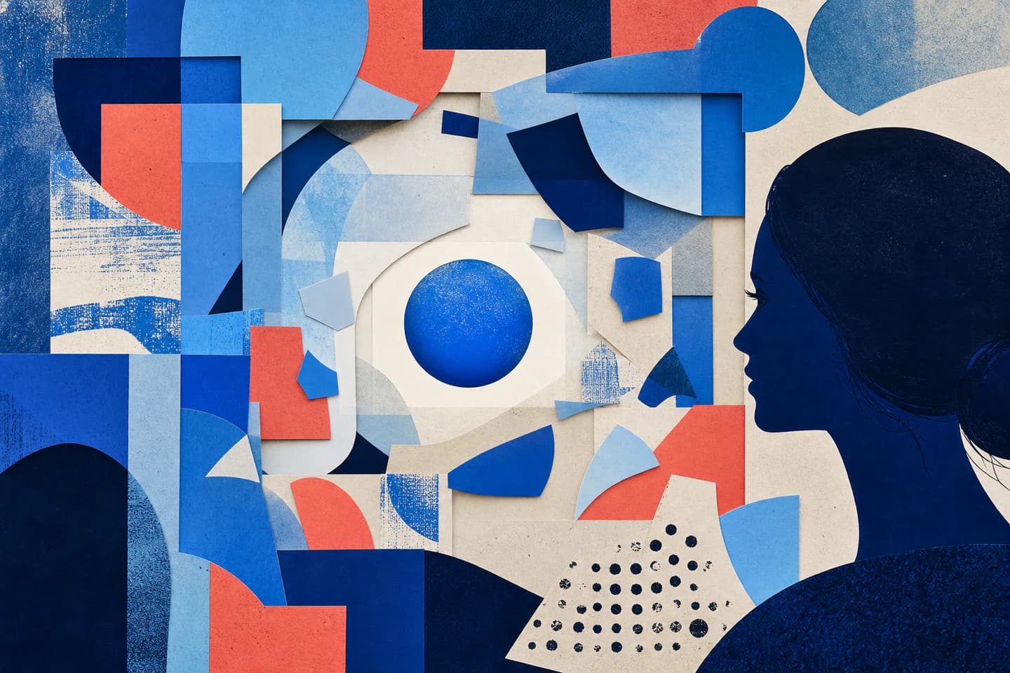 Overlapping windows and a clear central sphere in an editorial collage