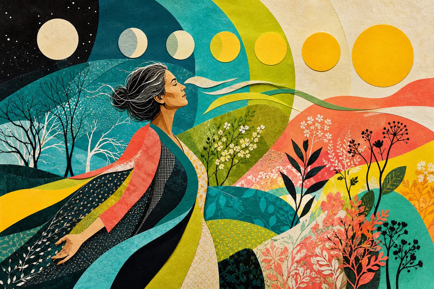 Layered seasonal arcs and a luminous sphere in a vivid editorial collage