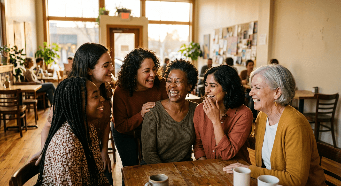 A diverse group of women of varying ages gathered in sunlit natural light