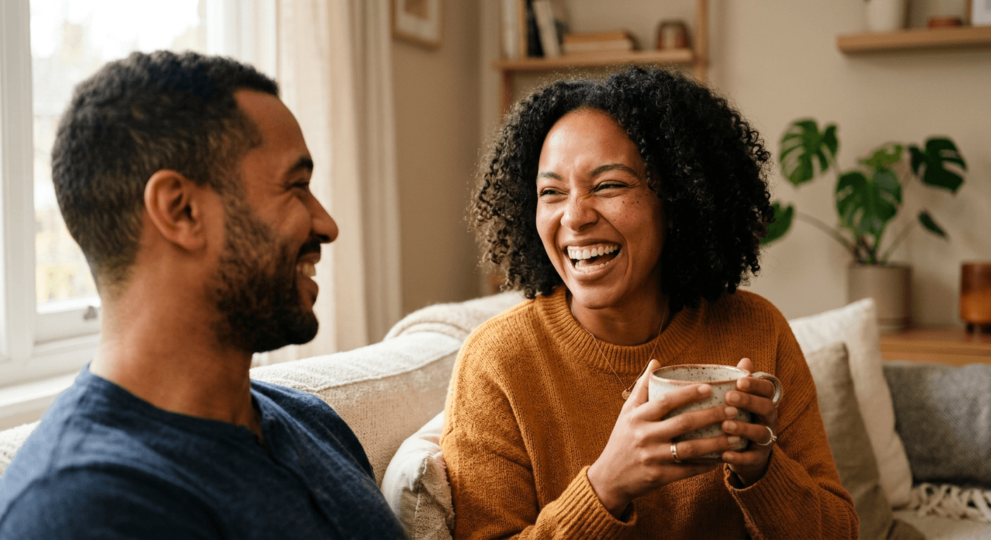 A warm, candid moment in a softly lit living room with neutral beige walls