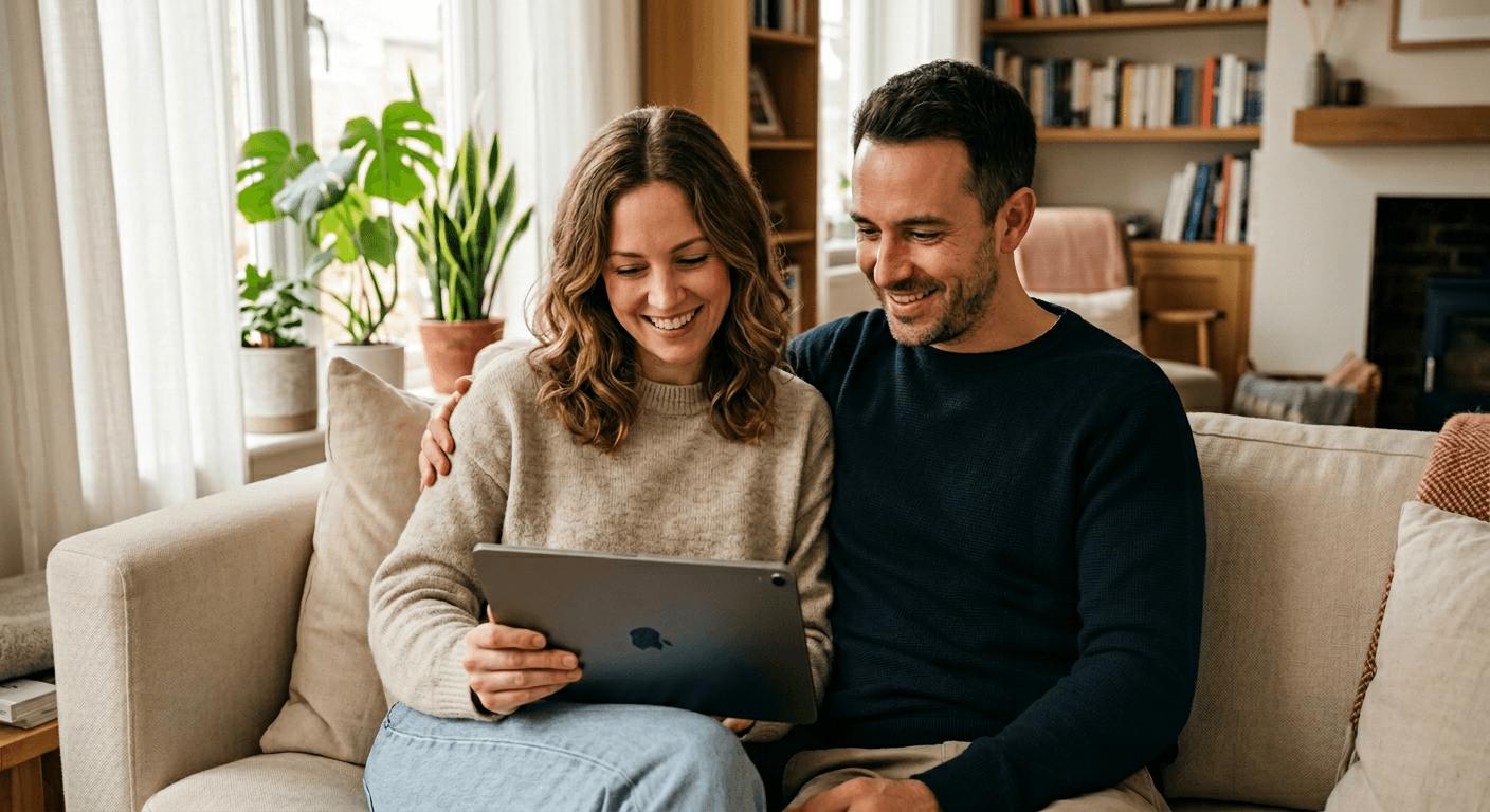 A warm, inviting living room with soft natural light streaming through sheer curtains