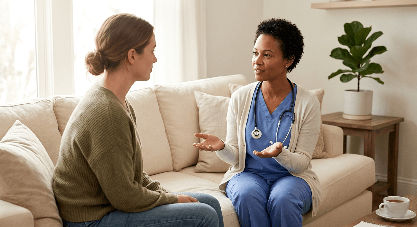 A patient and clinician sitting together on a neutral-toned couch in warm light